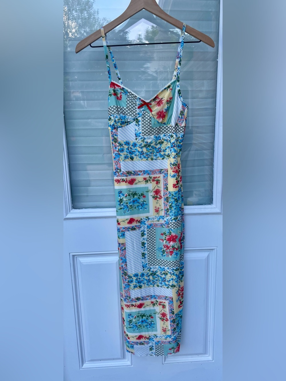 Thirty Thirty Patchwork Floral Maxi Slip Dress in Pastel Blue and Yellow